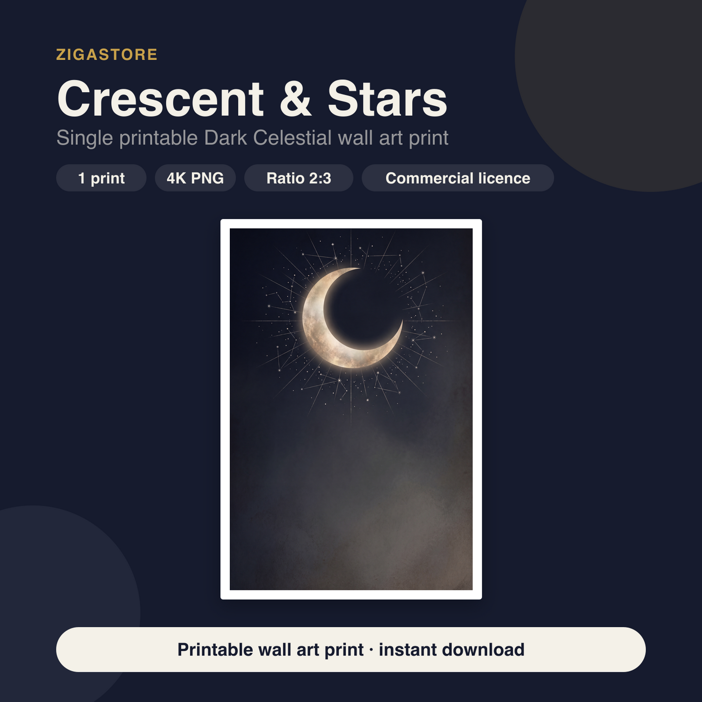 Crescent & Stars | Dark Celestial Printable Wall Art Print by Nocturne Press