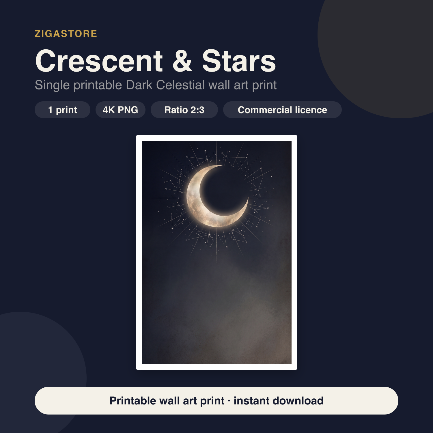 Crescent & Stars | Dark Celestial Printable Wall Art Print by Nocturne Press