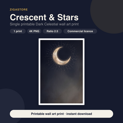 Crescent & Stars | Dark Celestial Printable Wall Art Print by Nocturne Press