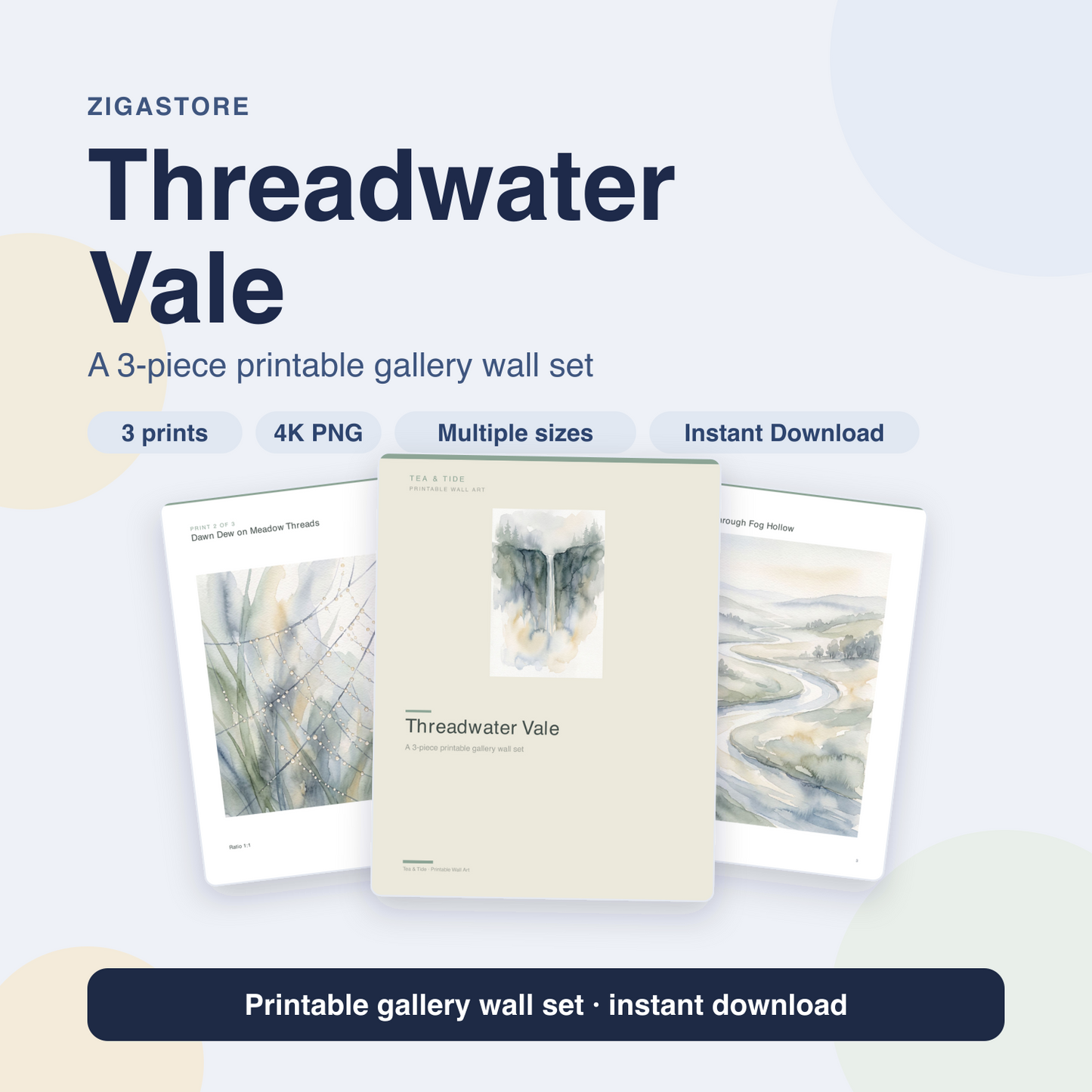 Threadwater Vale — Soft Watercolour 3-Piece Gallery Wall Set by Tea & Tide