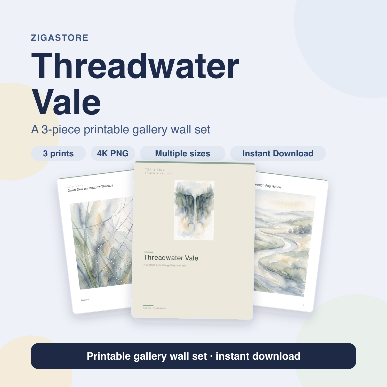 Threadwater Vale — Soft Watercolour 3-Piece Gallery Wall Set by Tea & Tide
