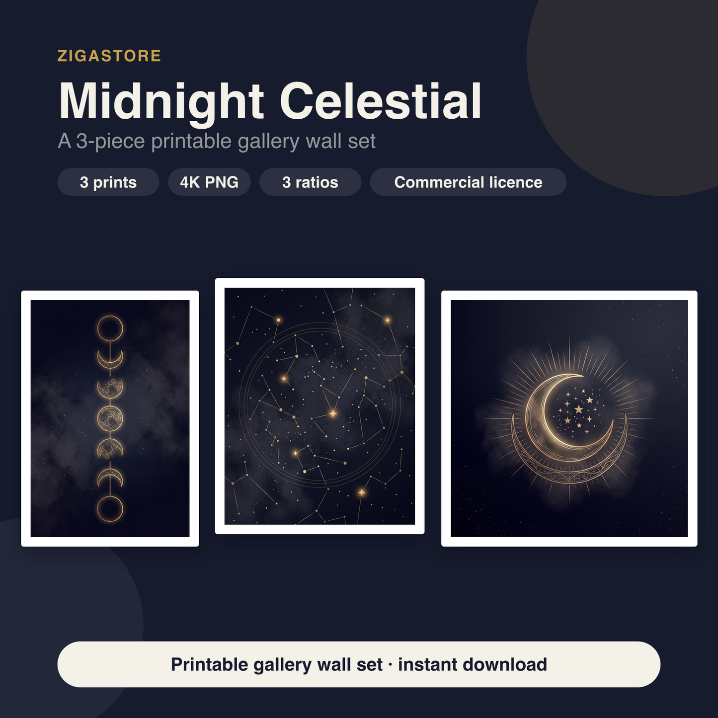 Dark Celestial Gallery Wall Set - 3 Printable Moon & Star Prints by Nocturne Press