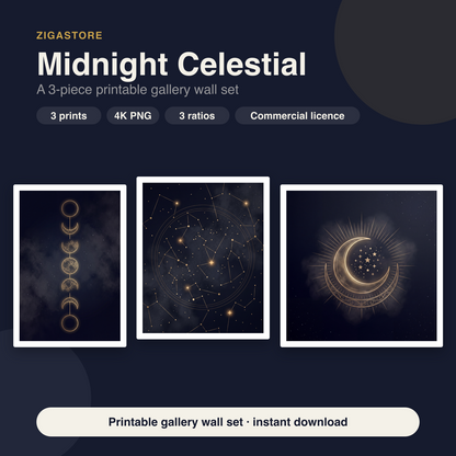 Dark Celestial Gallery Wall Set - 3 Printable Moon & Star Prints by Nocturne Press