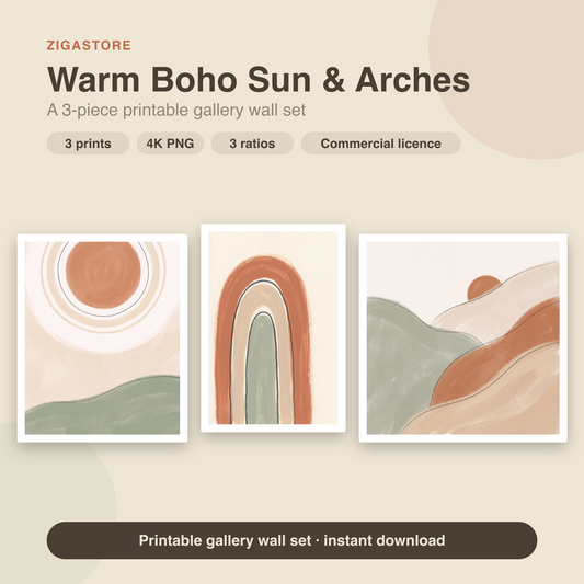 Boho Neutral Wall Art Set of 3 | Terracotta Sun, Arches & Landforms Printable Gallery Wall by Saffron & Sage