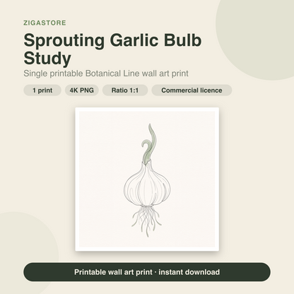 Sprouting Garlic Bulb Study | Botanical Line Printable Wall Art Print by Verdant Hours