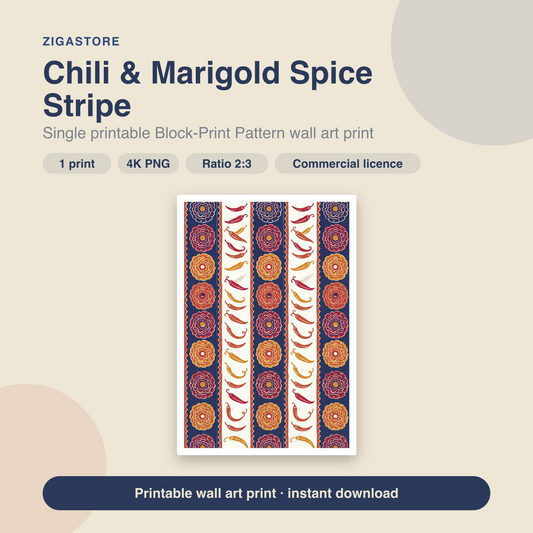 Chili & Marigold Spice Stripe | Block-Print Pattern Printable Wall Art Print by Monsoon Atelier