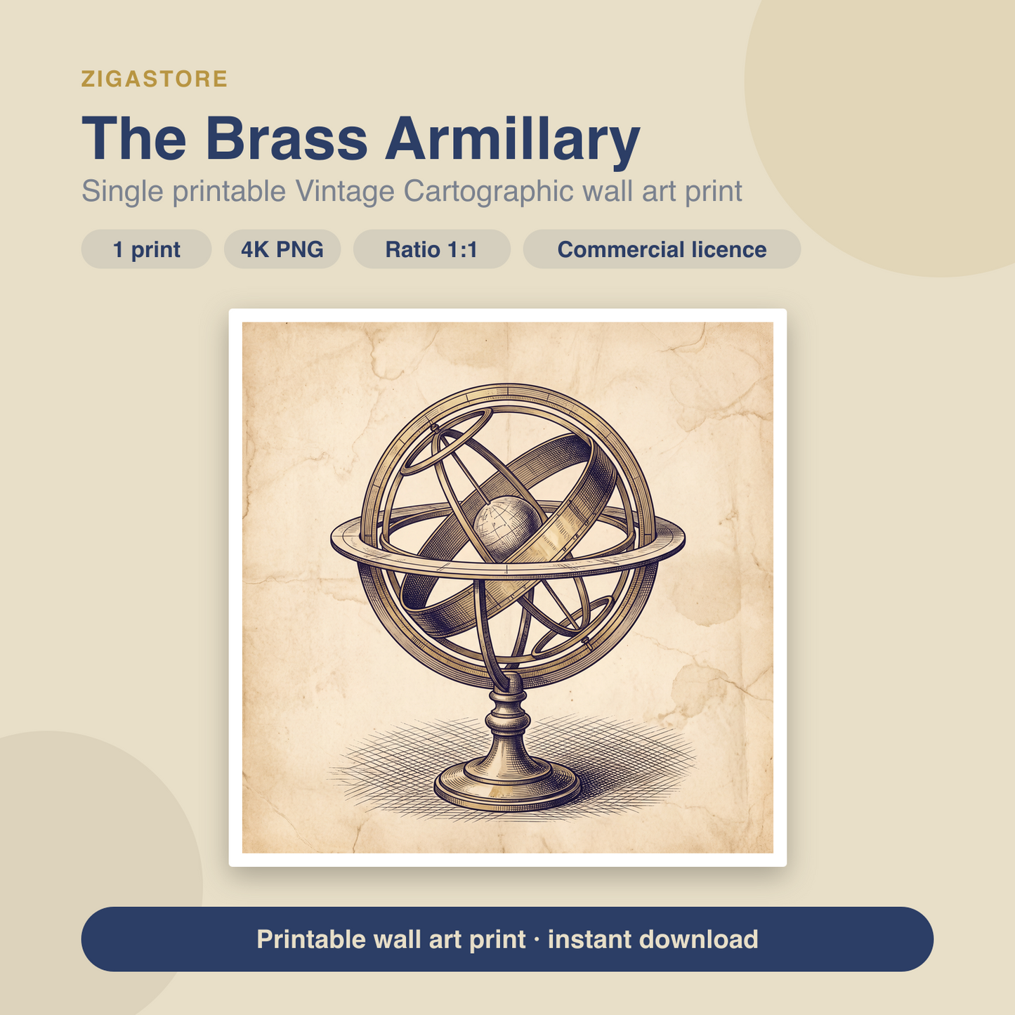 The Brass Armillary | Vintage Cartographic Printable Wall Art Print by Cobalt Atlas