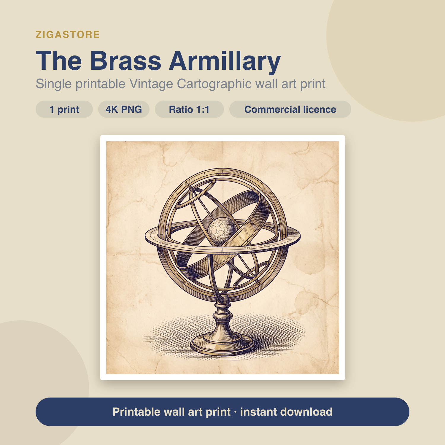 The Brass Armillary | Vintage Cartographic Printable Wall Art Print by Cobalt Atlas
