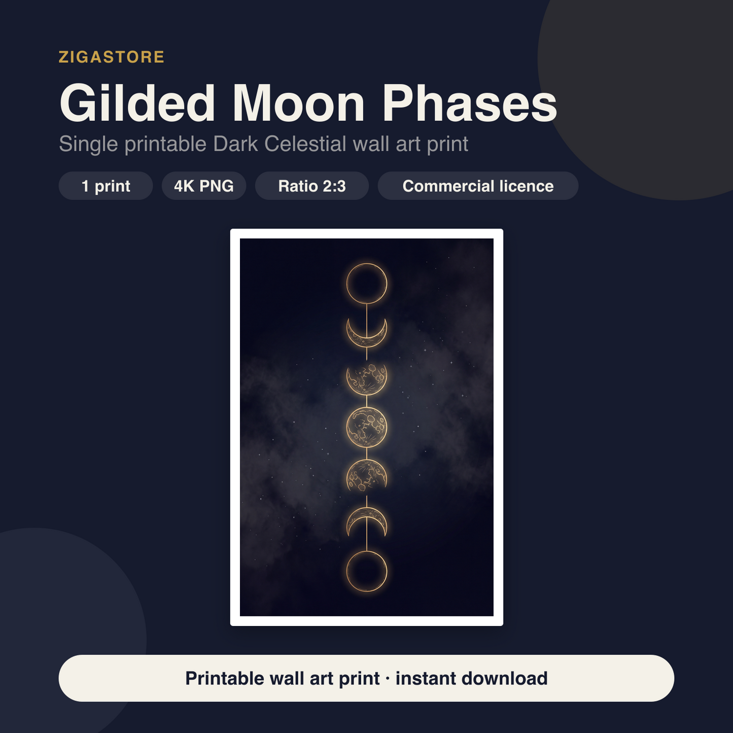 Gilded Moon Phases | Dark Celestial Printable Wall Art Print by Nocturne Press