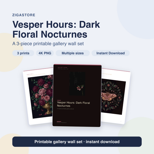 Vesper Hours Dark Floral Gallery Wall Set | 3 Printable Prints by Velvet Dusk