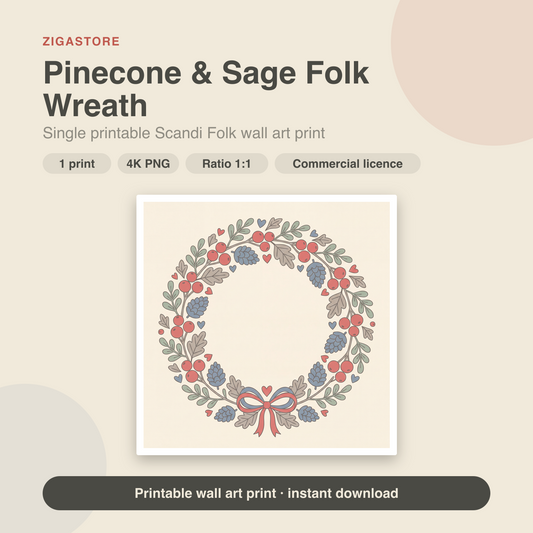 Pinecone & Sage Folk Wreath | Scandi Folk Printable Wall Art Print by Linden Row