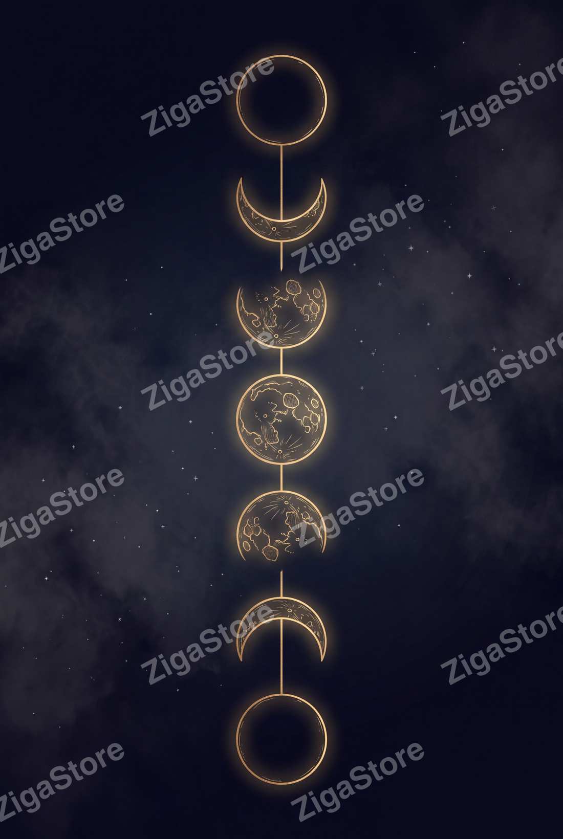 Gilded Moon Phases | Dark Celestial Printable Wall Art Print by Nocturne Press — print preview (watermarked)