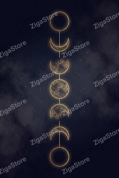 Gilded Moon Phases | Dark Celestial Printable Wall Art Print by Nocturne Press — print preview (watermarked)