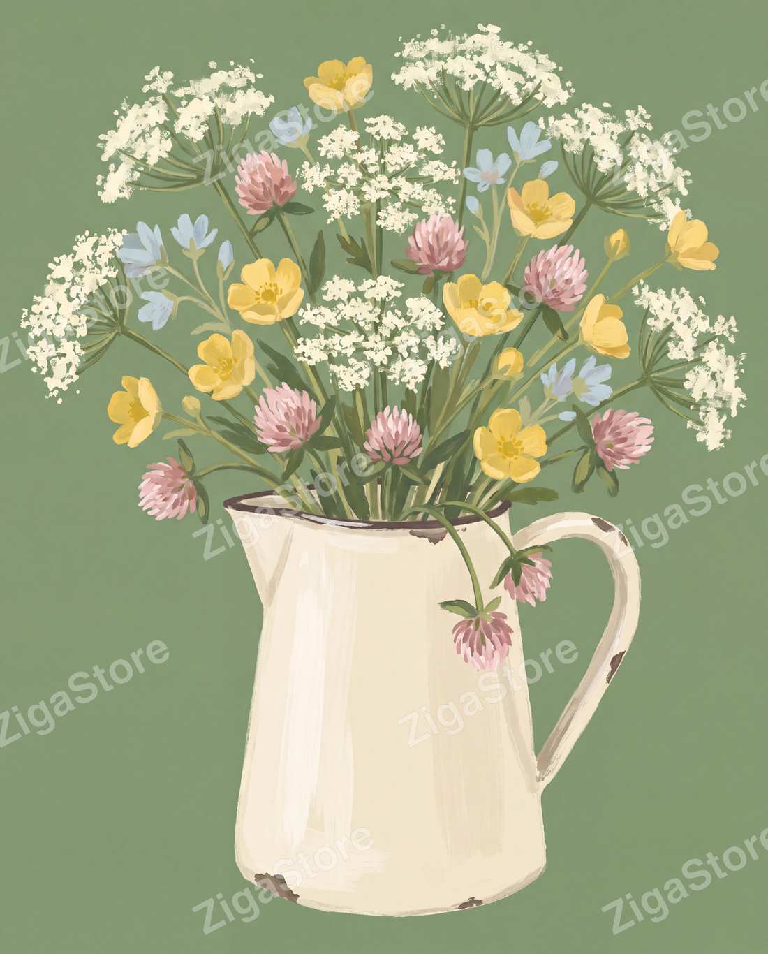 Cow Parsley & Buttercream | 3-Piece Cottagecore Meadow Kitchen Wall Art by Wildflower Field — print preview (watermarked)