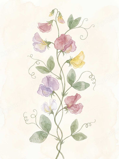 Sweet Pea Tendril Climb | Pressed Botanical Printable Wall Art Print by Pressed Petal — print preview (watermarked)