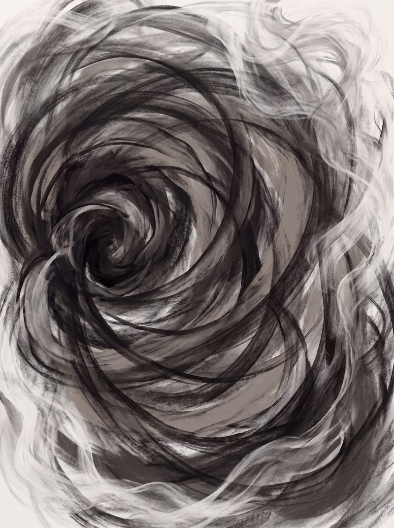 Spent Coil | Charcoal Abstract Printable Wall Art Print by Ember & Ash — print preview shown framed at true scale in an illustrated room preview