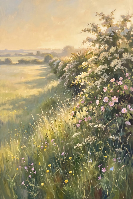 Whitethorn Row at Last Light | Cottagecore Meadow Print by Wildflower Field — print preview