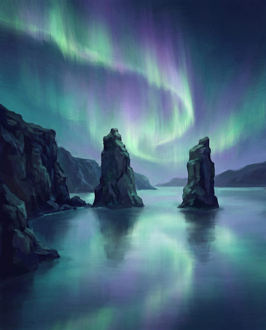 Basalt Sentinels — Aurora Over the Fjord | Celestial Landscape Printable Wall Art Print by Aurora Vale — print preview