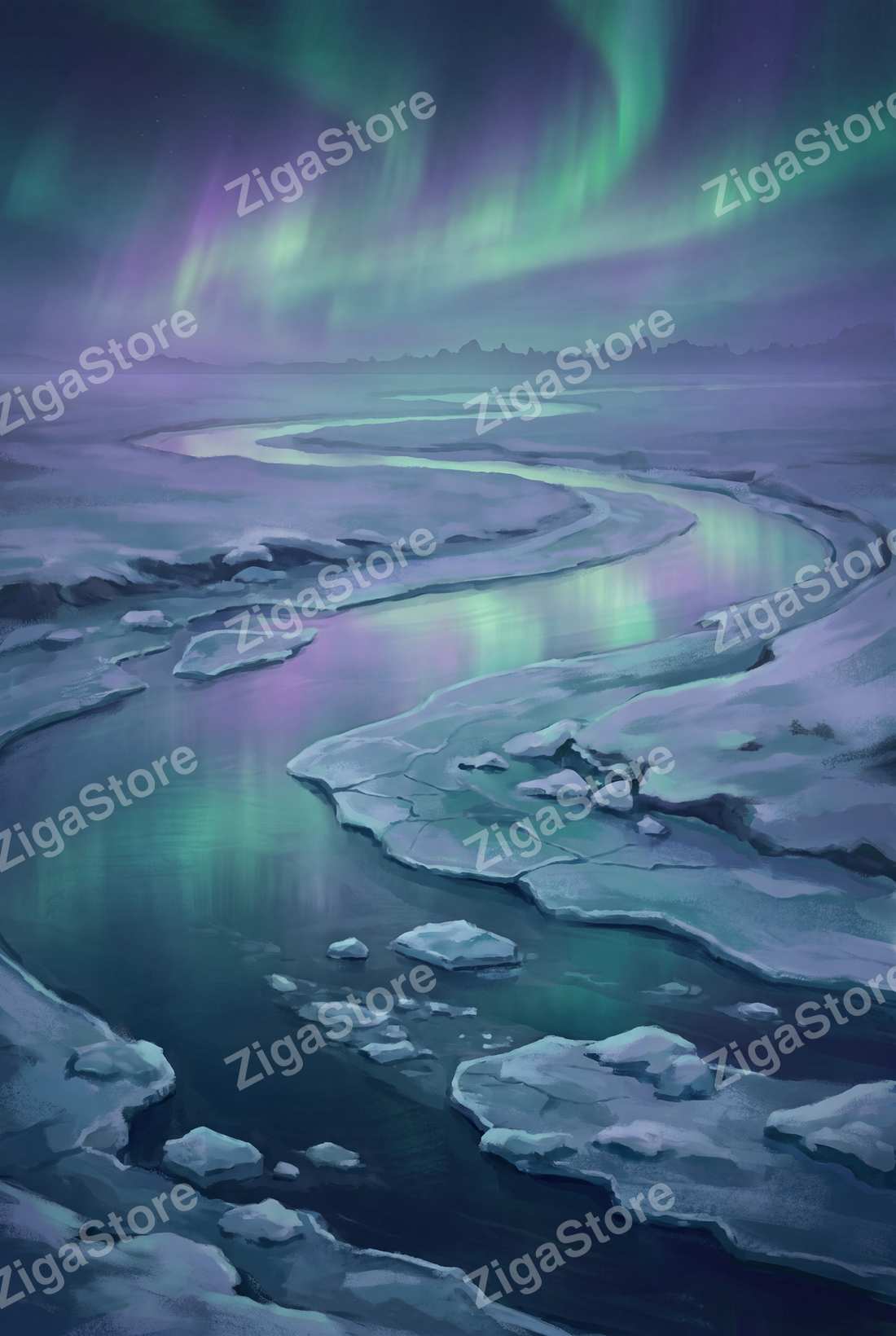 Serpentine — Frozen River Under the Veil | Celestial Landscape Printable Wall Art Print by Aurora Vale — print preview (watermarked)