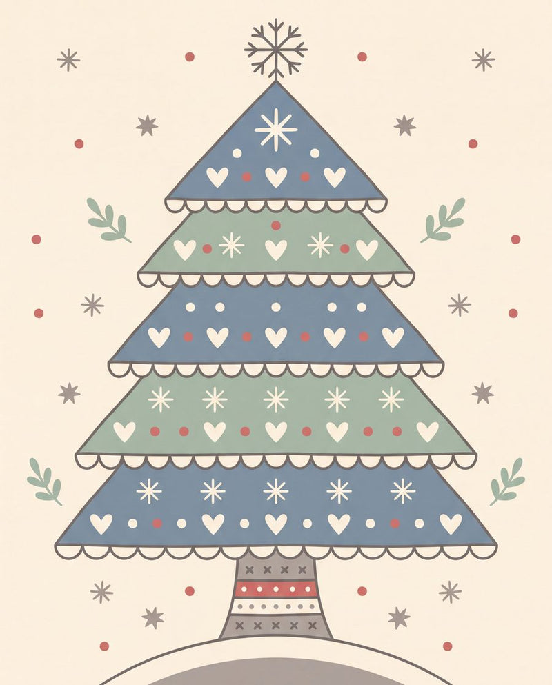 Tiered Folk Evergreen | Scandi Folk Printable Wall Art Print by Linden Row — print preview shown framed at true scale in an illustrated room preview