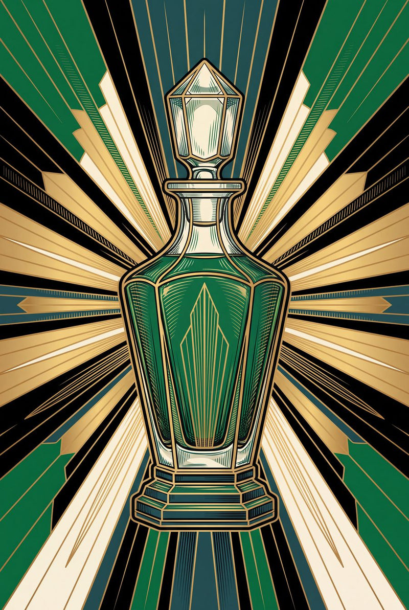 The Emerald Decanter | Art Deco Maximal Printable Wall Art Print by Marrow & Gold — print preview shown framed at true scale in an illustrated room preview