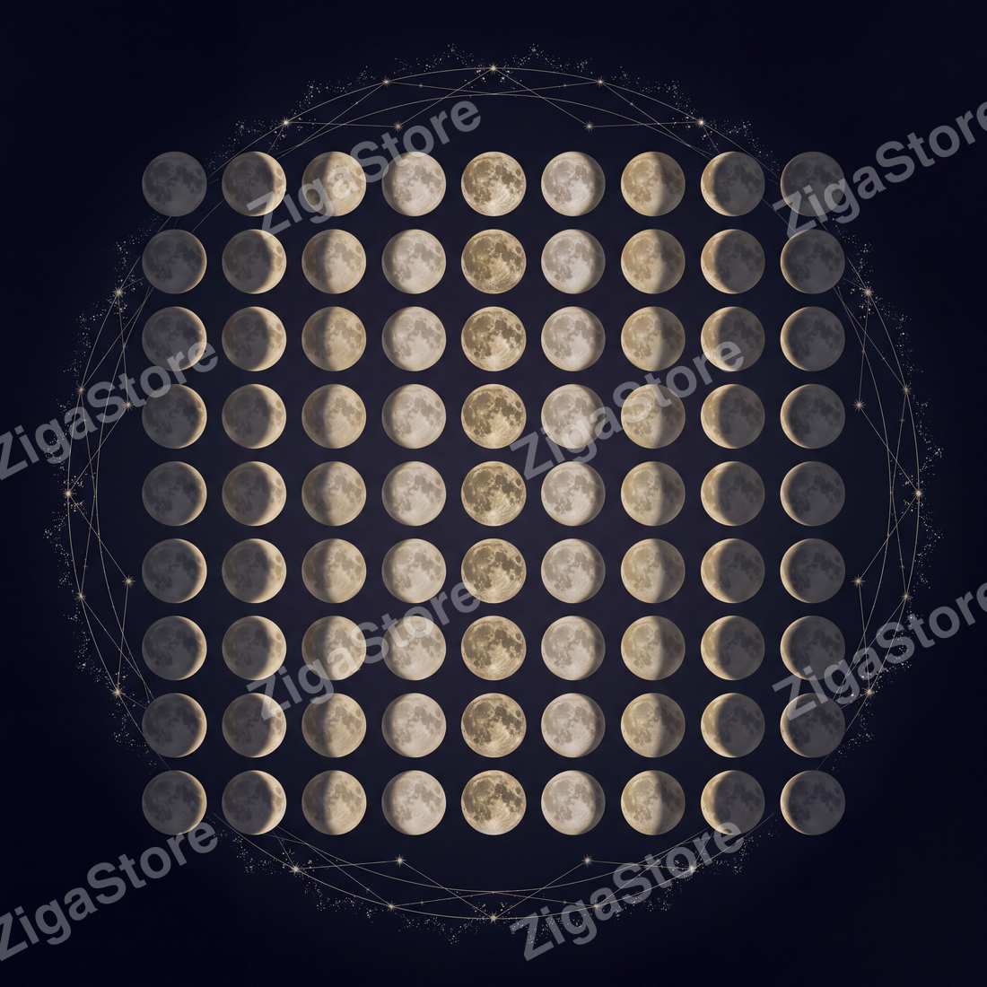 Lunar Phases | Dark Celestial Printable Wall Art Print by Nocturne Press — print preview (watermarked)