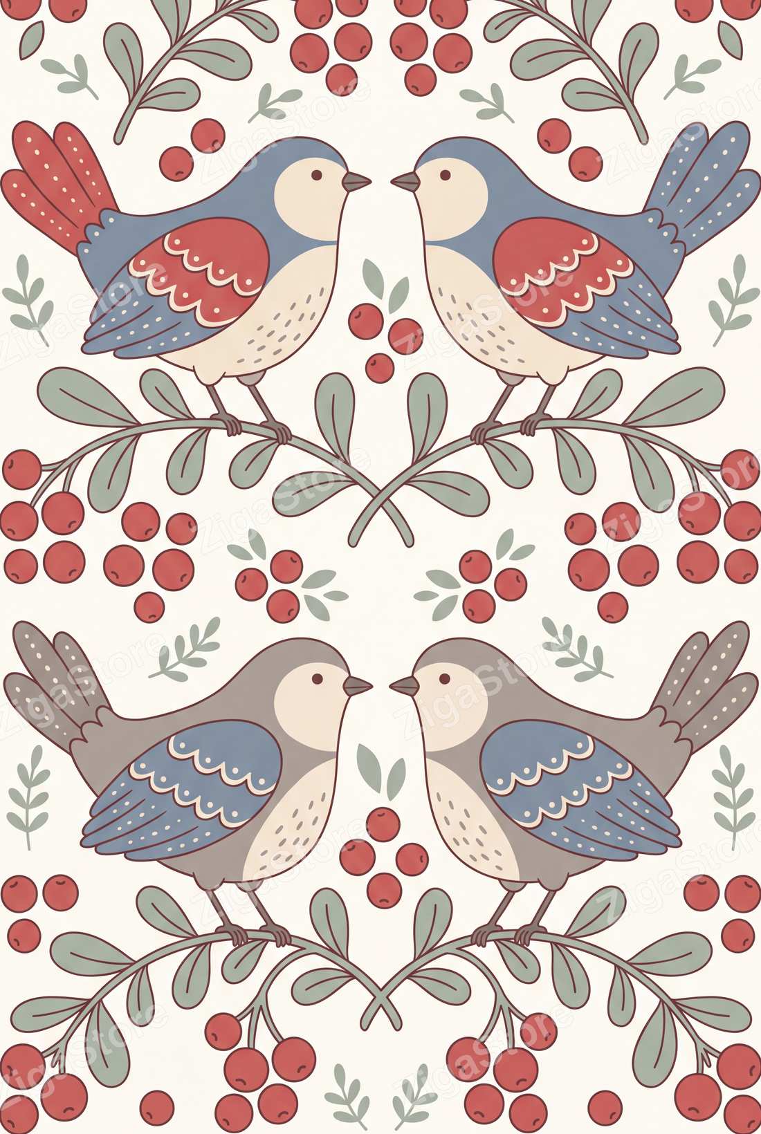 Two Lingonberry Songbirds | Scandi Folk Printable Wall Art Print by Linden Row — print preview (watermarked)