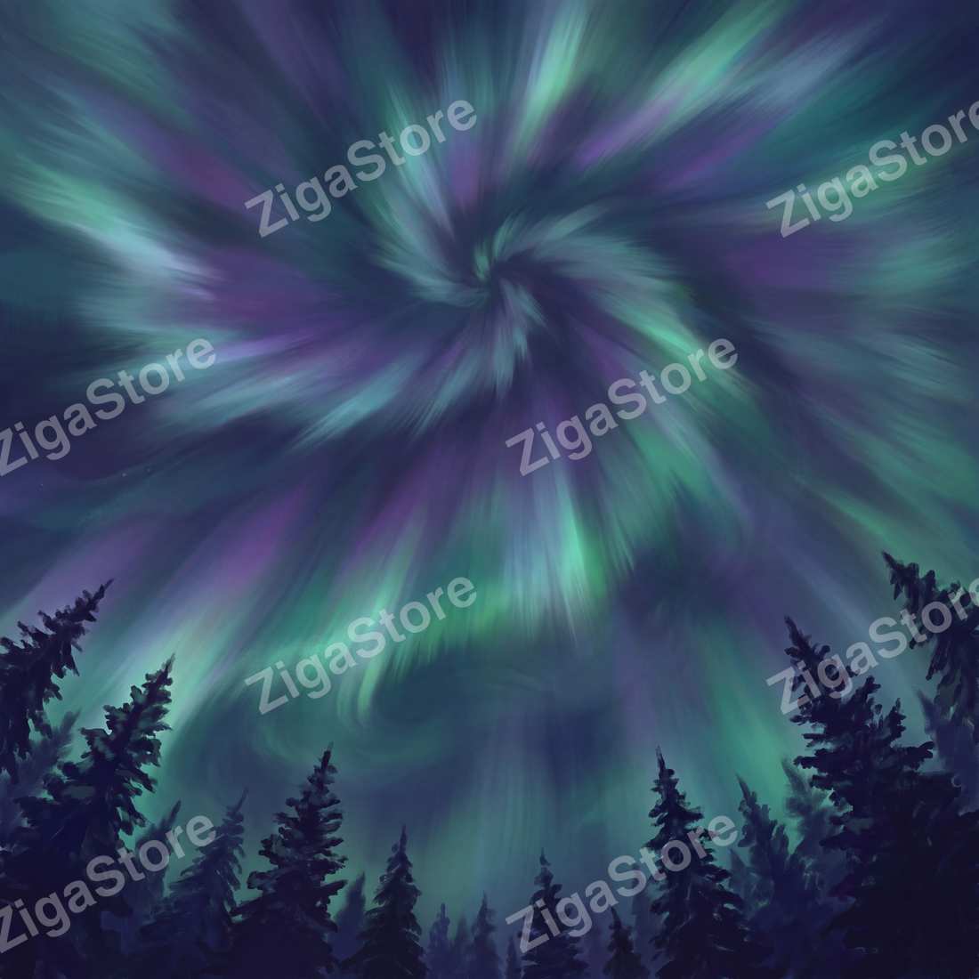 Corona — The Veil Above the Spruceline | Celestial Landscape Printable Wall Art Print by Aurora Vale — print preview (watermarked)
