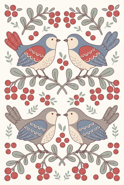 Two Lingonberry Songbirds | Scandi Folk Printable Wall Art Print by Linden Row — print preview
