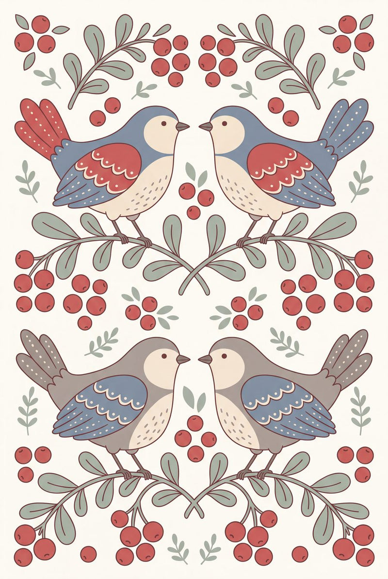 Two Lingonberry Songbirds | Scandi Folk Printable Wall Art Print by Linden Row — print preview shown framed at true scale in an illustrated room preview