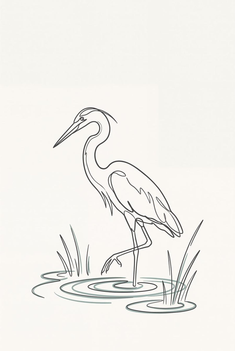 Wadepoint Heron Line Art | Minimal Shoreline Printable Wall Print by Slate & Sparrow — print preview shown framed at true scale in an illustrated room preview