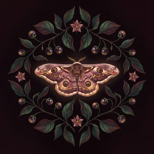 Emperor Moth in the Nightshade | Romantic Dark Floral Printable Wall Art Print by Velvet Dusk — print preview