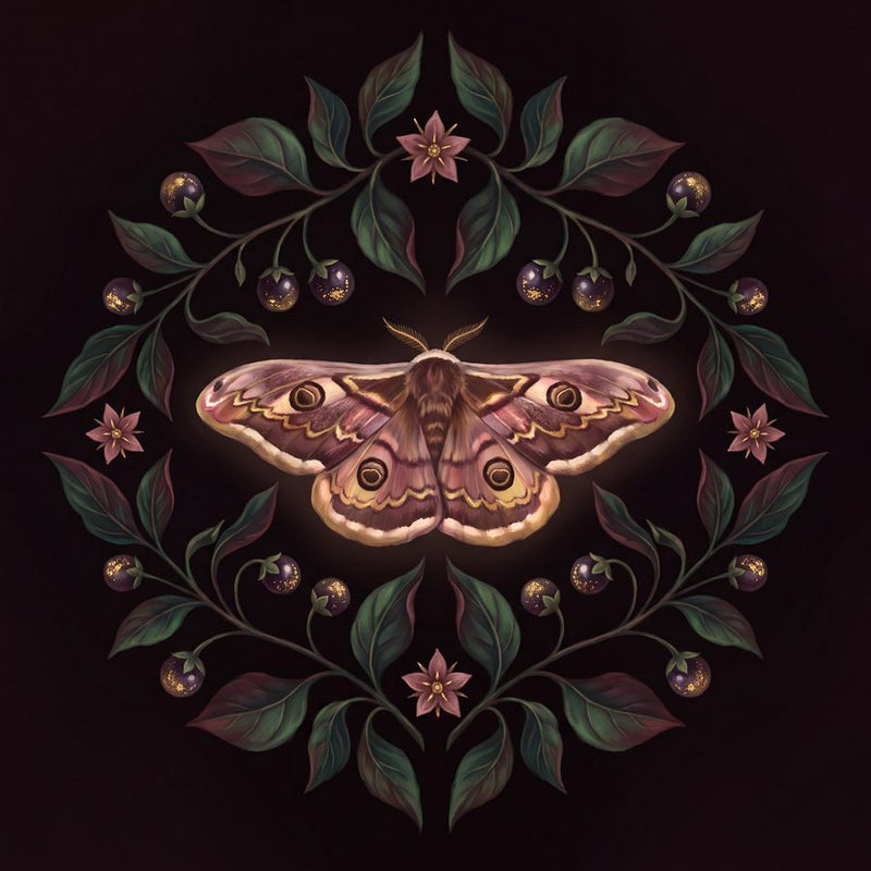 Emperor Moth in the Nightshade | Romantic Dark Floral Printable Wall Art Print by Velvet Dusk — print preview shown framed at true scale in an illustrated room preview