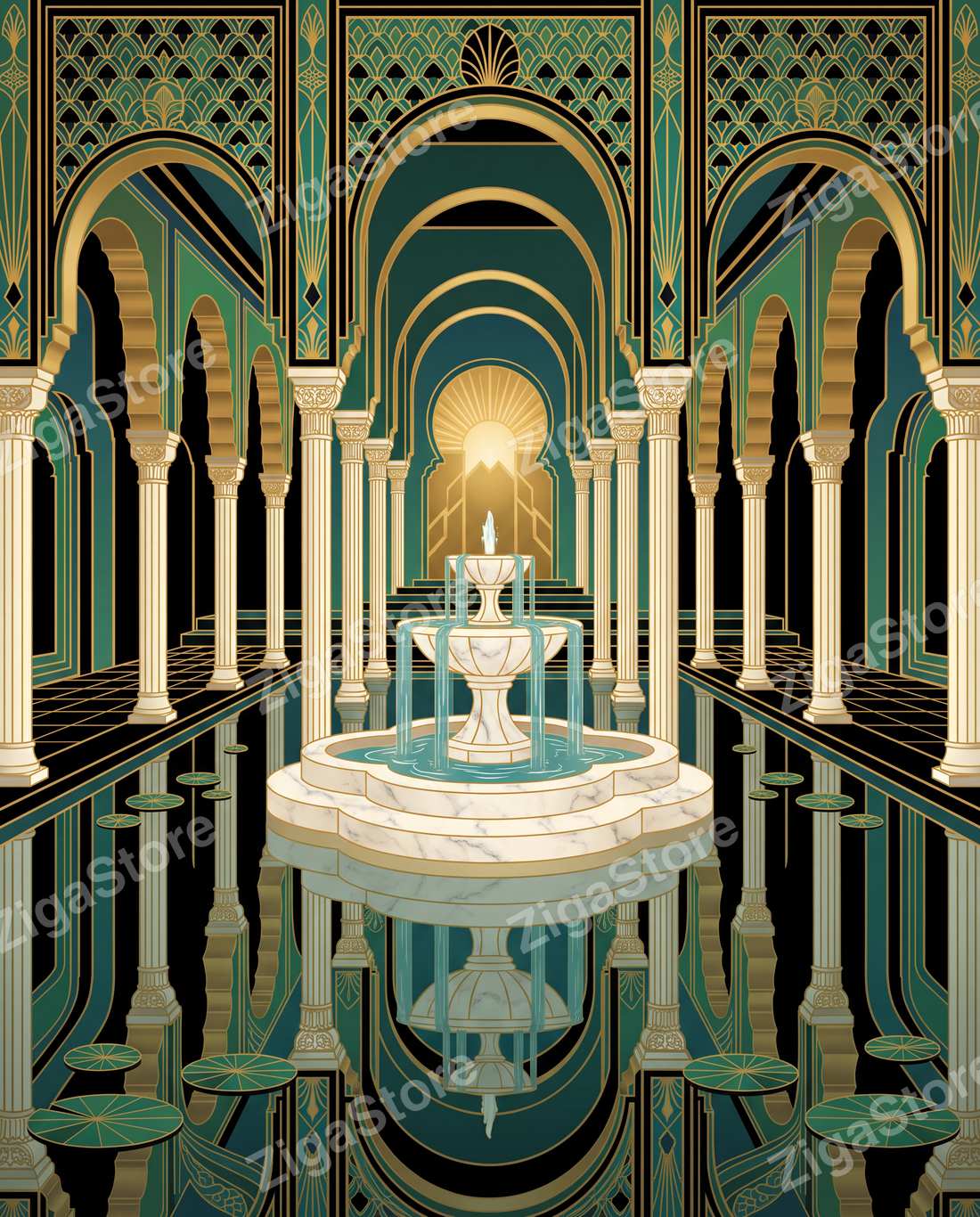 The Malachite Plumery | Emerald Art Deco Powder Room Wall Art Set of 3 by Marrow & Gold — print preview (watermarked)