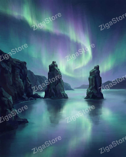 Glasswater Aurora Wilds | 3-Piece Northern Lights Printable Wall Art Set by Aurora Vale — print preview (watermarked)