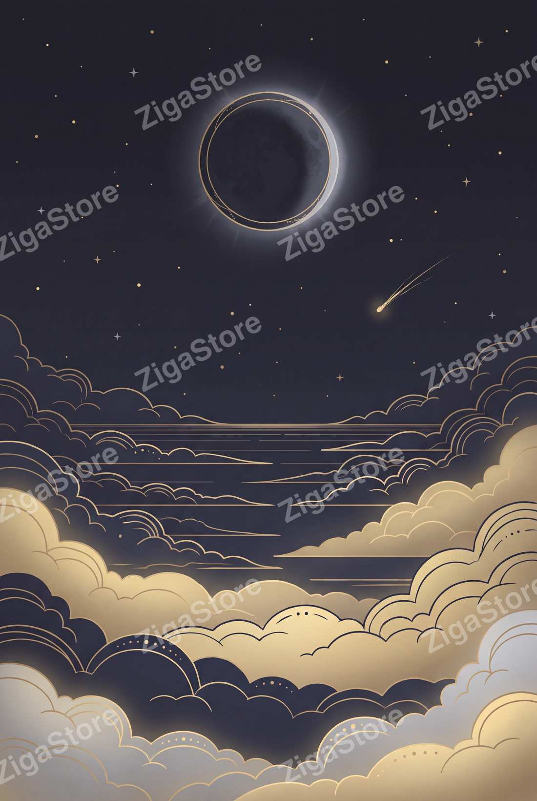 Vesper Mechanica | 3-Piece Dark Celestial Moon Phase Wall Art by Nocturne Press — print preview (watermarked)