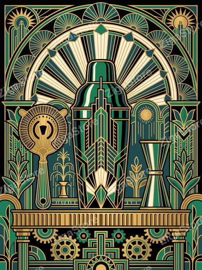 Plumage & Bitters Art Deco Bar Cart Wall Art | 3 Printable Set by Marrow & Gold — print preview (watermarked)