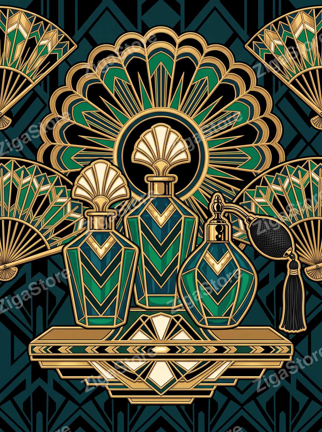 The Malachite Plumery | Emerald Art Deco Powder Room Wall Art Set of 3 by Marrow & Gold — print preview (watermarked)
