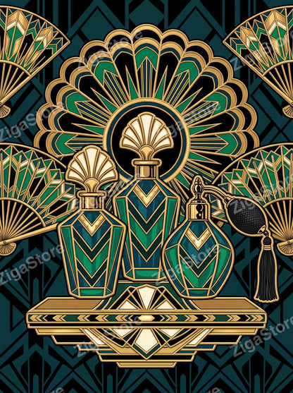 The Malachite Plumery | Emerald Art Deco Powder Room Wall Art Set of 3 by Marrow & Gold — print preview (watermarked)