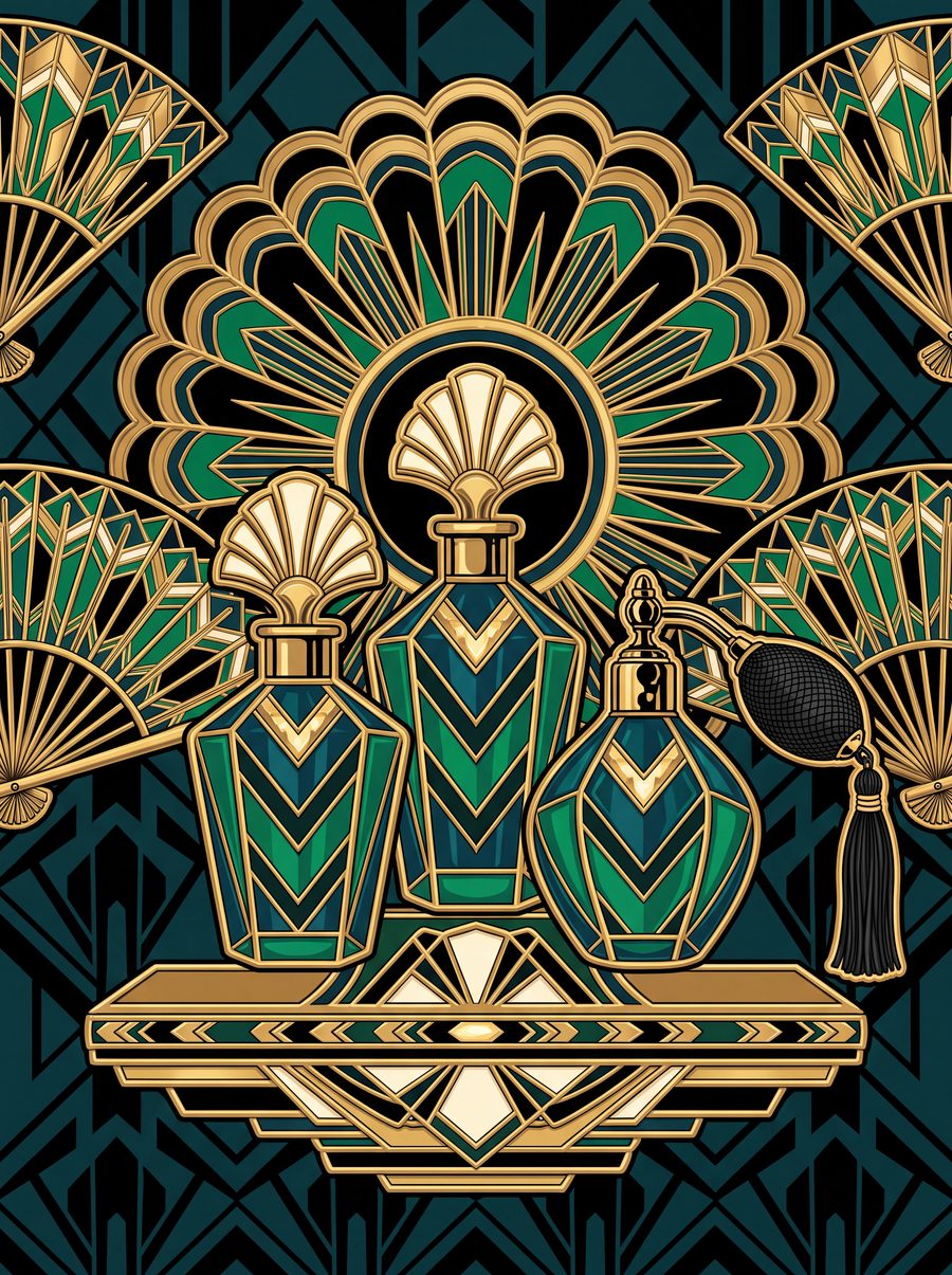 The Malachite Plumery | Emerald Art Deco Powder Room Wall Art Set of 3 by Marrow & Gold — print preview
