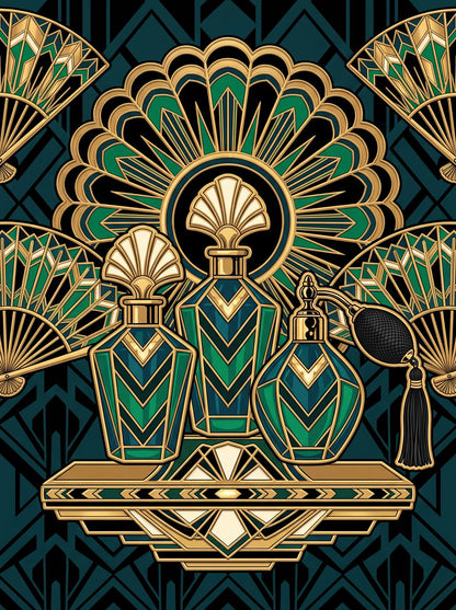 The Malachite Plumery | Emerald Art Deco Powder Room Wall Art Set of 3 by Marrow & Gold — print preview