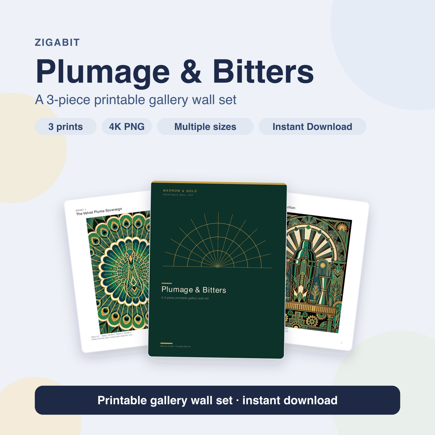 Plumage & Bitters Art Deco Bar Cart Wall Art | 3 Printable Set by Marrow & Gold
