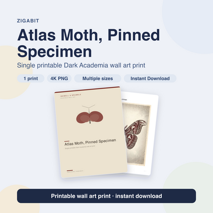 Atlas Moth, Pinned Specimen | Dark Academia Printable Wall Art Print by Inkwell & Bramble