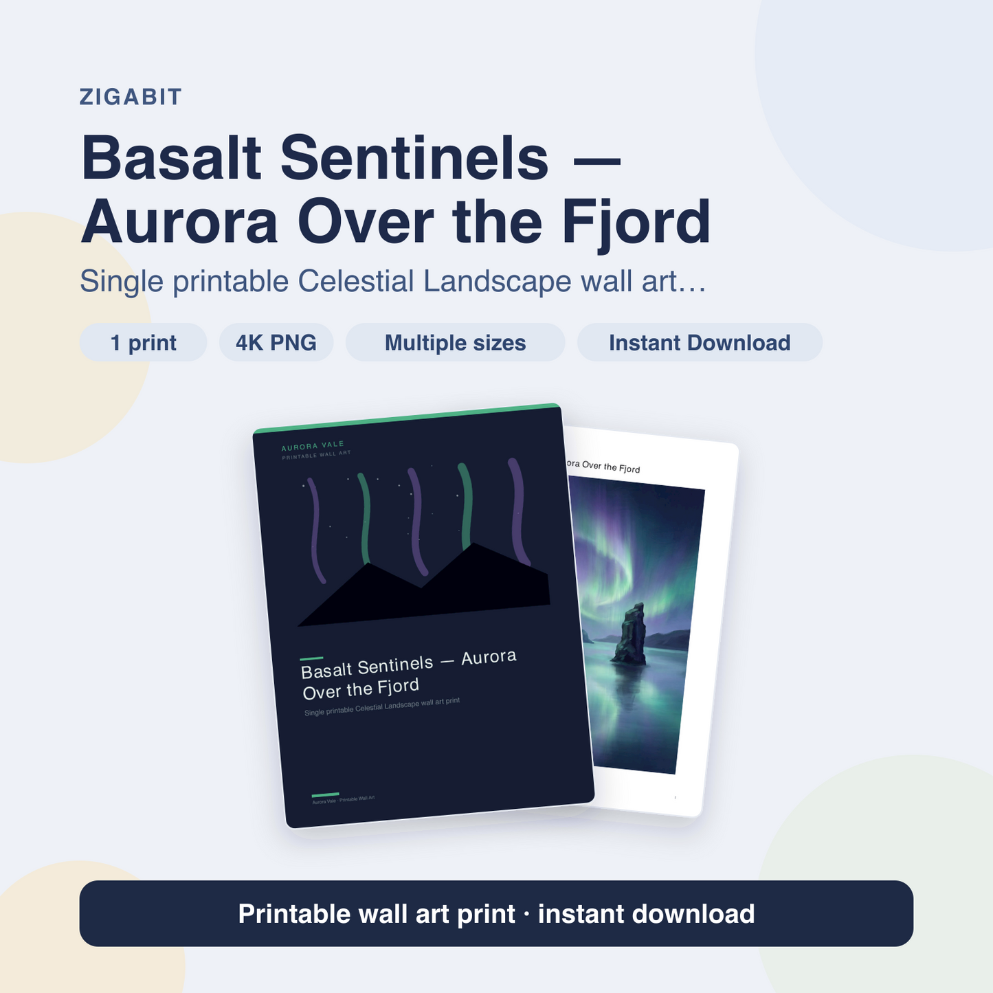 Basalt Sentinels — Aurora Over the Fjord | Celestial Landscape Printable Wall Art Print by Aurora Vale