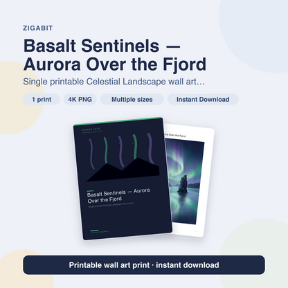 Basalt Sentinels — Aurora Over the Fjord | Celestial Landscape Printable Wall Art Print by Aurora Vale