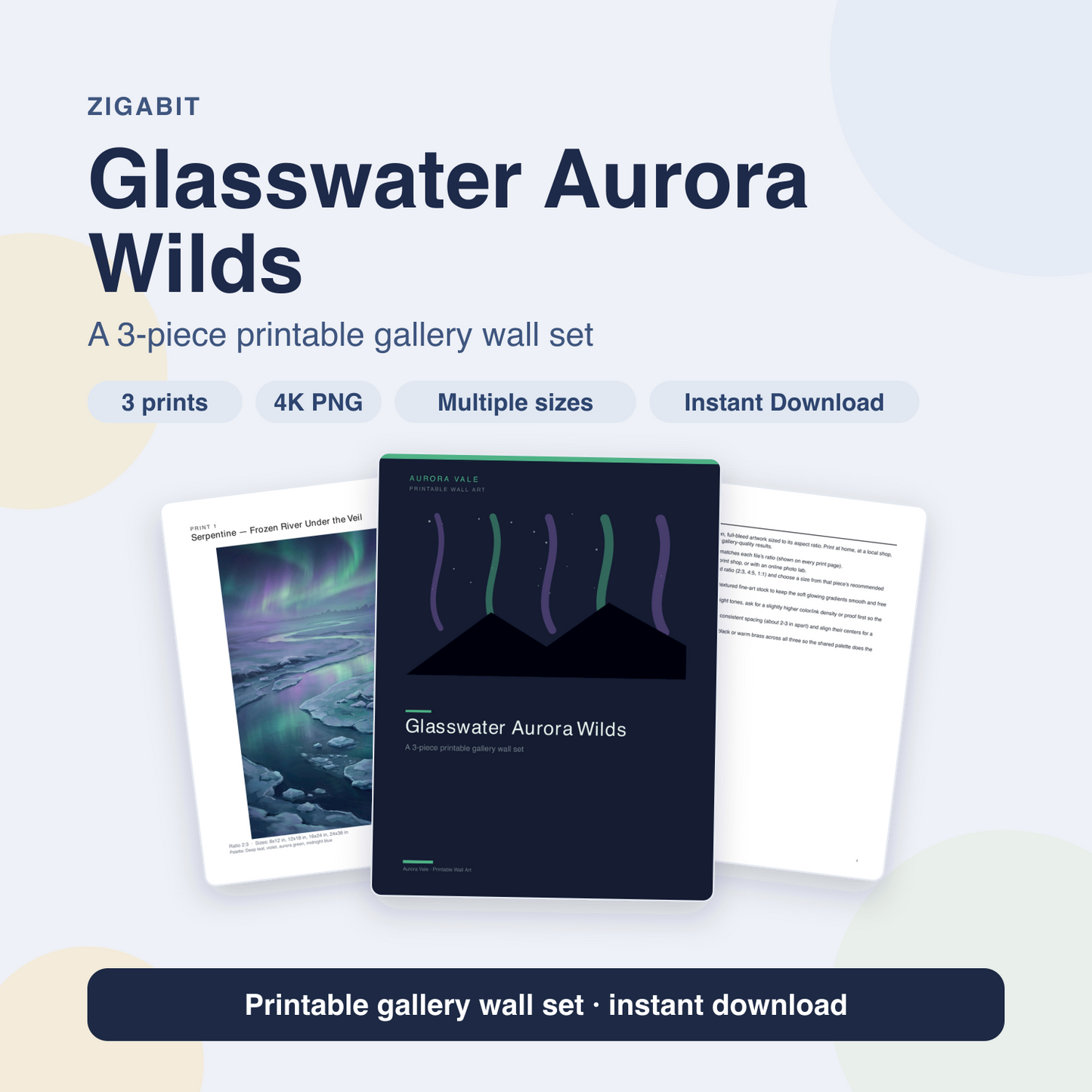 Glasswater Aurora Wilds | 3-Piece Northern Lights Printable Wall Art Set by Aurora Vale