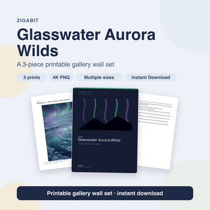 Glasswater Aurora Wilds | 3-Piece Northern Lights Printable Wall Art Set by Aurora Vale