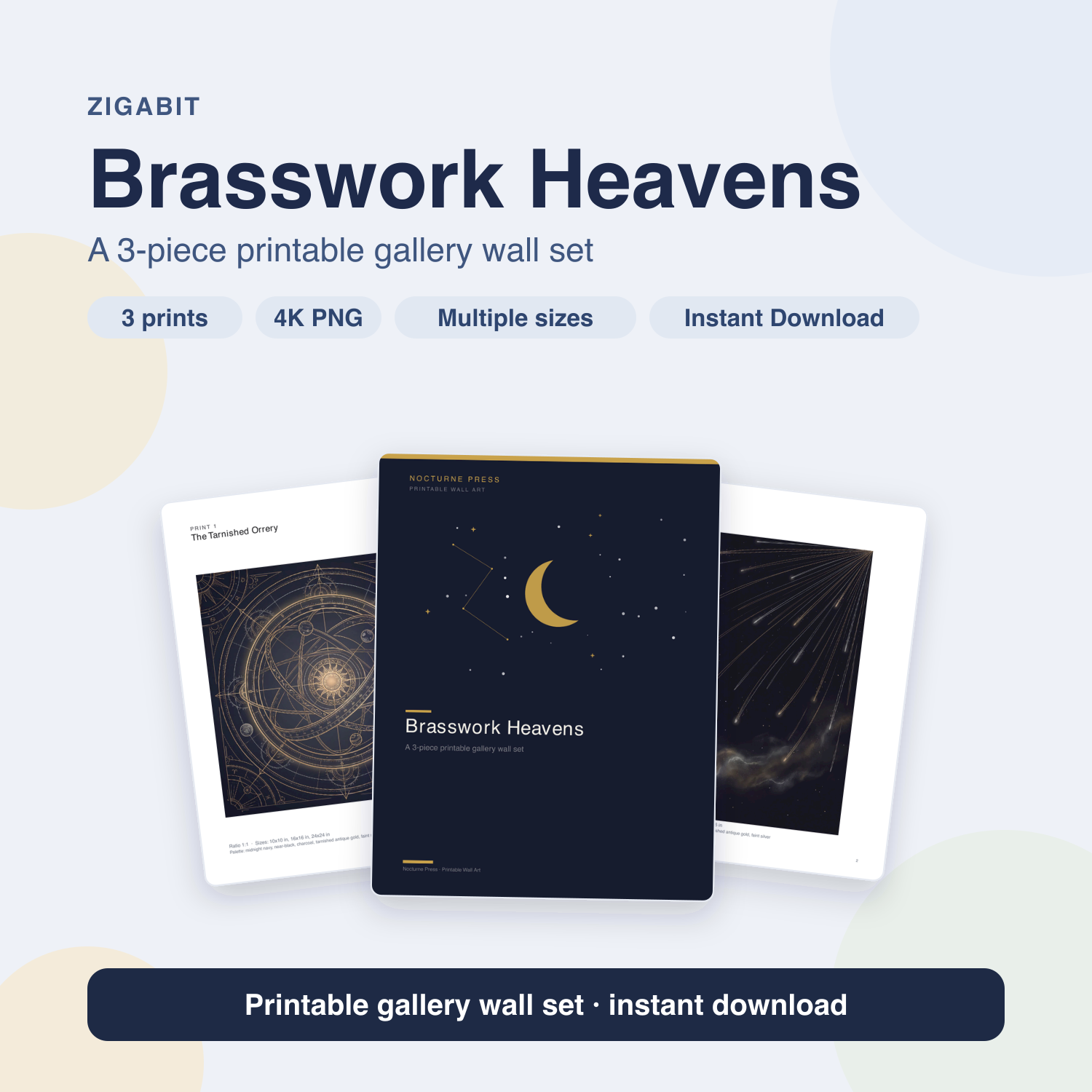 Brasswork Heavens — Dark Celestial 3-Piece Printable Wall Art Set by Nocturne Press