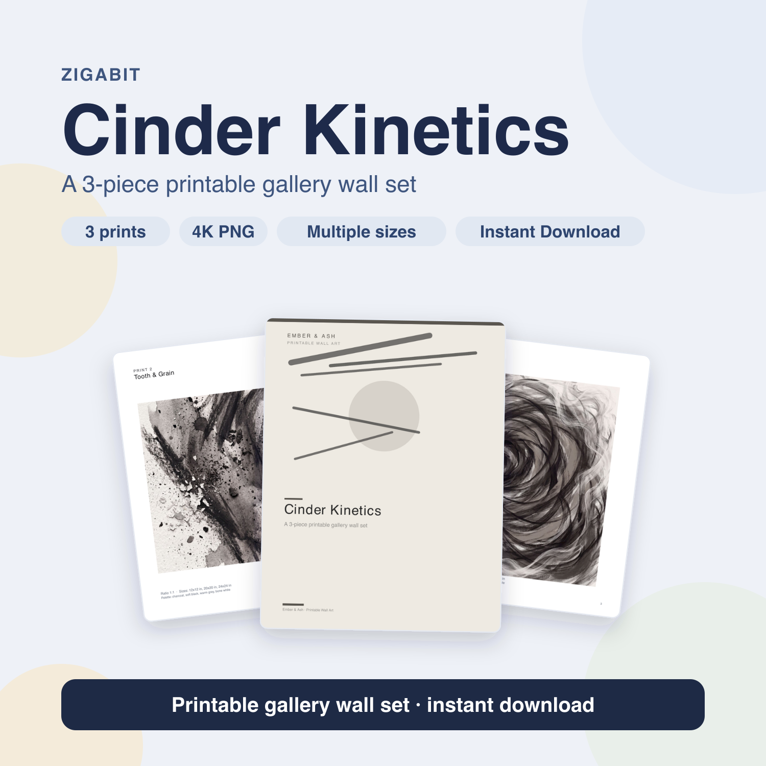 Cinder Kinetics | 3-Piece Charcoal Abstract Office Wall Art Set by Ember & Ash