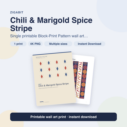 Chili & Marigold Spice Stripe | Block-Print Pattern Printable Wall Art Print by Monsoon Atelier